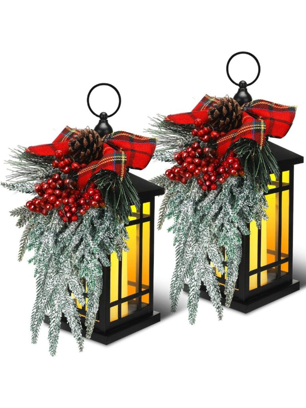 Set of 2 Vintage Christmas Lanterns with LED Flameless Candles - Indoor/Outdoor